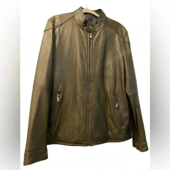 Massimo Dutti Mens Sheep Leather Olive Green Biker Jacket Sz XL - Picture 1 of 9